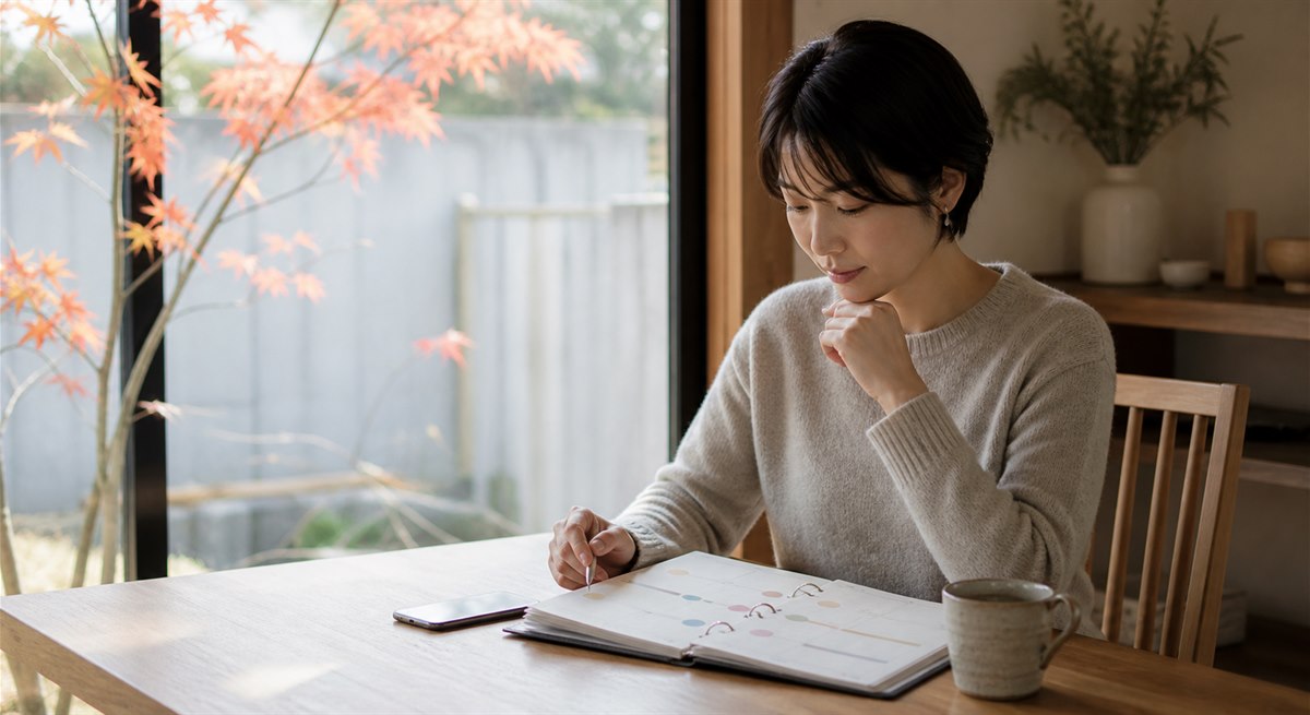 手帳でデート前後の連絡と約束を確認する日本人女性