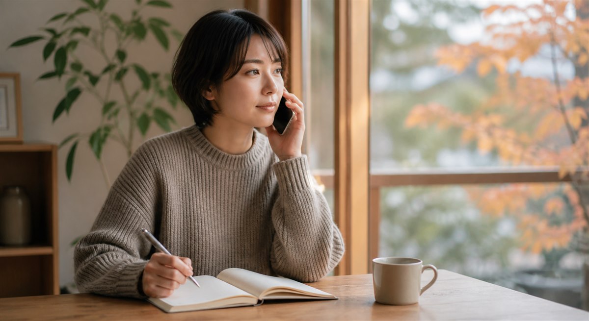 ノートを開いて相談しながら選択肢を整理する日本人女性