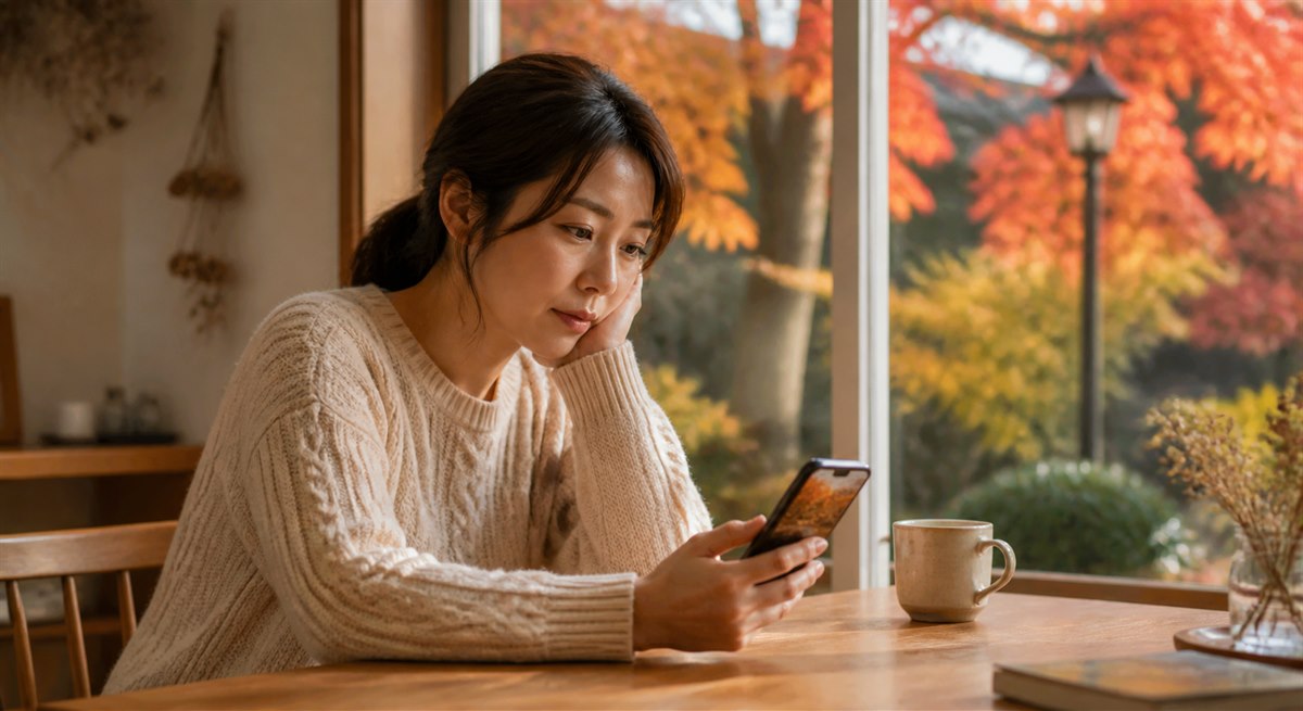 紅葉デートの写真を見ながら気持ちを整理する日本人女性
