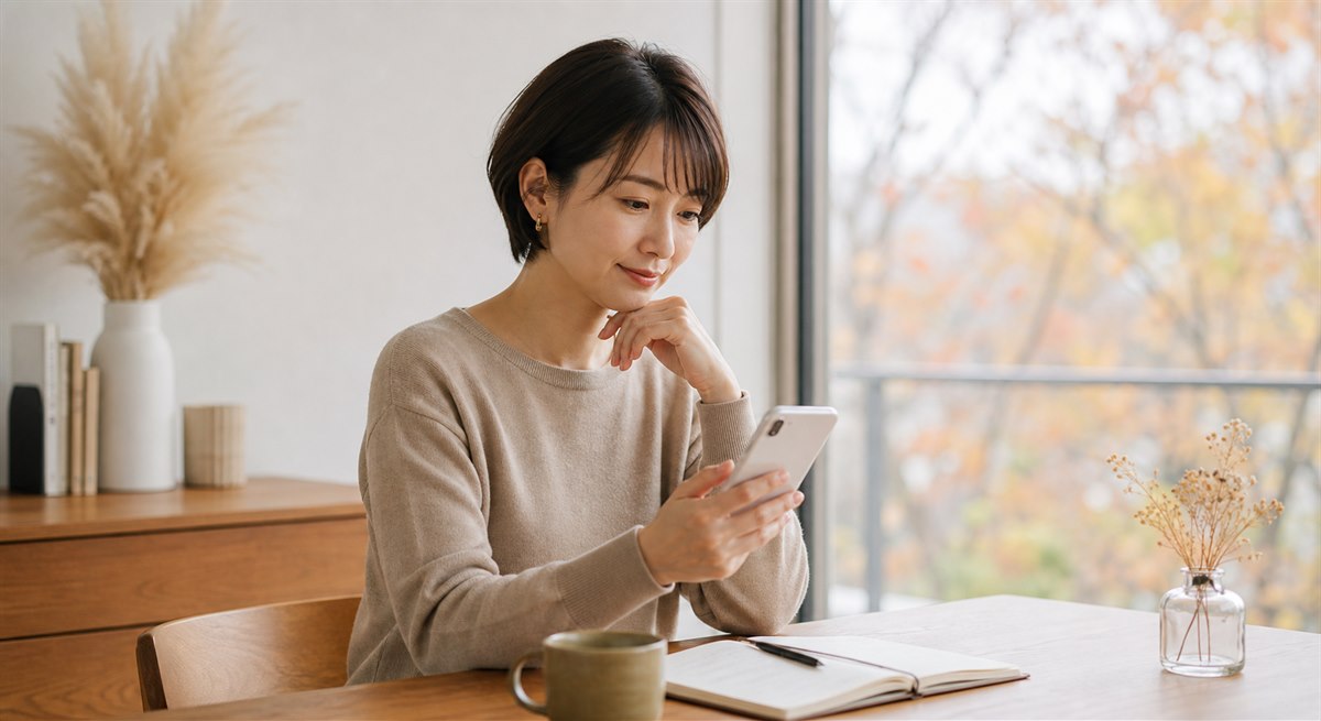 落ち着いて短いメッセージを考える日本人女性