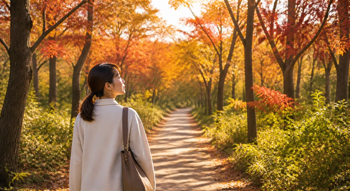紅葉の並木道を前向きに歩く日本人女性