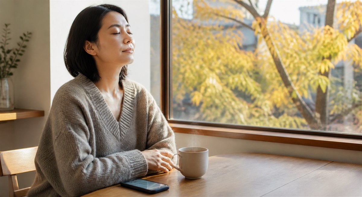 スマートフォンを伏せて温かい飲み物を飲む日本人女性