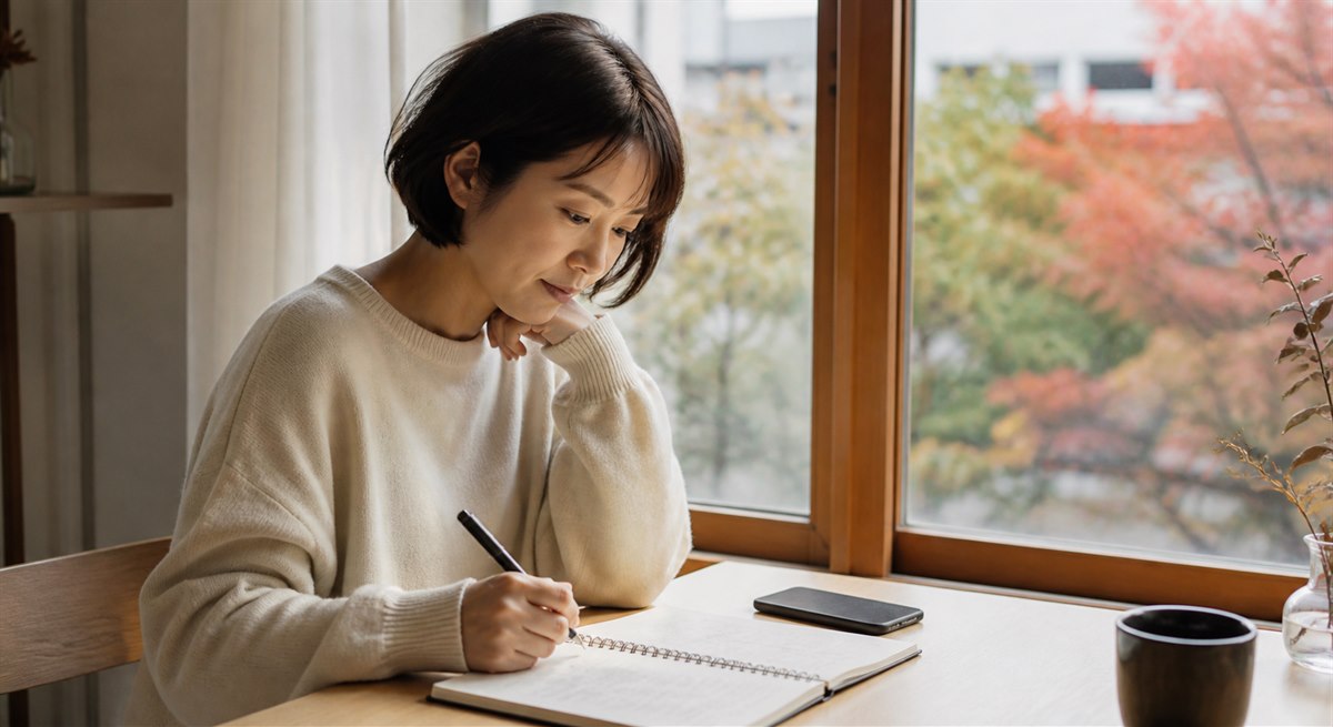 窓辺で複数の可能性をノートに書く日本人女性