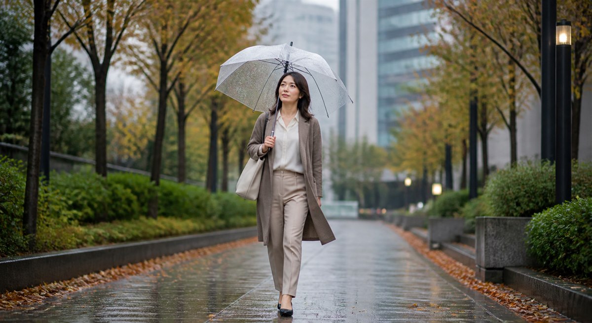 秋雨のあと自分に合う次の行動を考える日本人女性