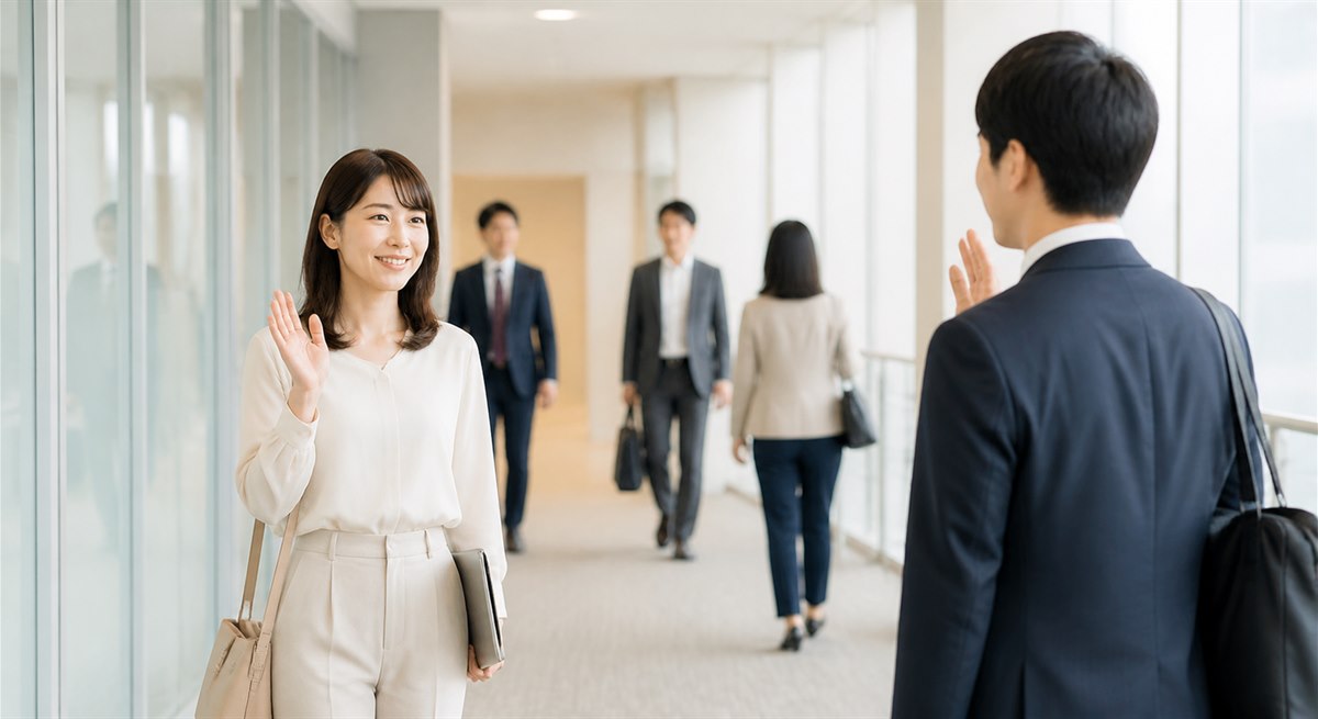 相合傘の翌日に職場で彼の態度を静かに見る日本人女性