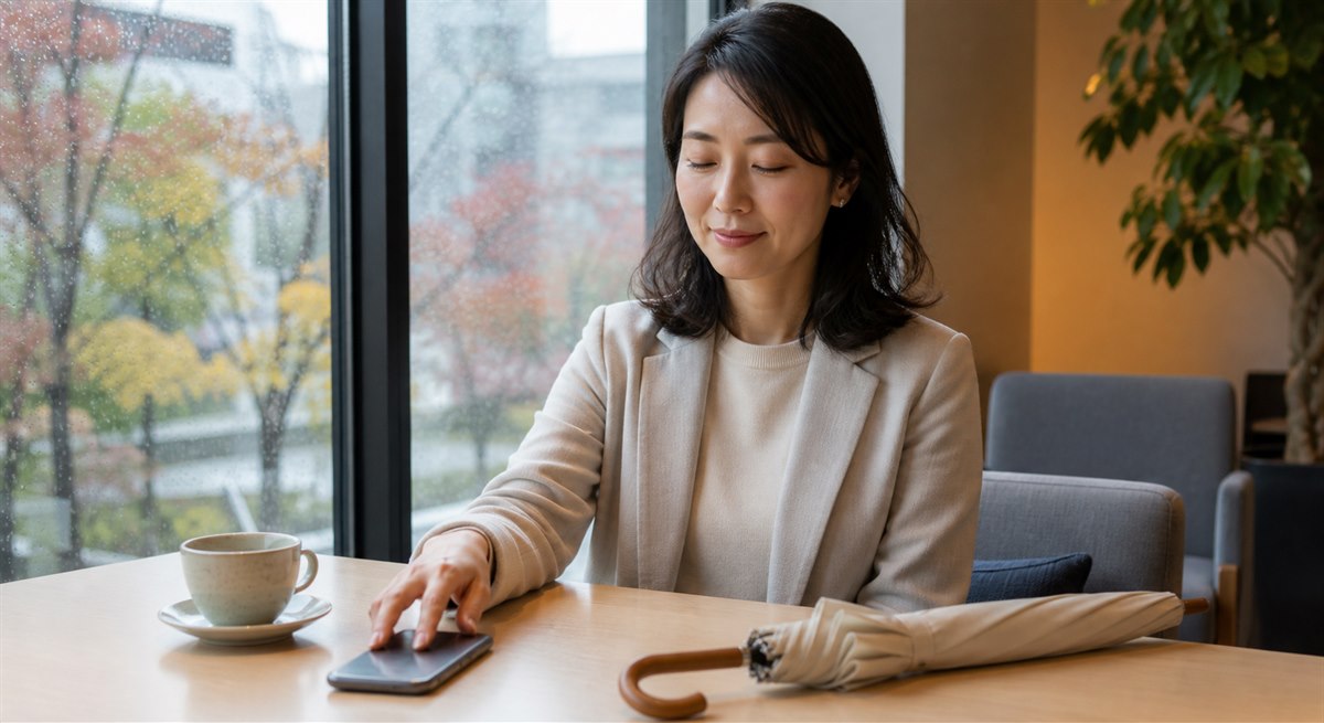 秋雨の出来事に焦らずスマートフォンを置く日本人女性