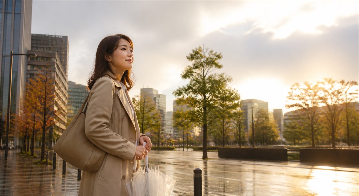 秋雨のあと落ち着いて前を向く日本人女性