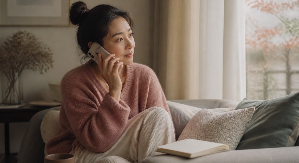 静かな部屋で相談しながら気持ちを整理する日本人女性