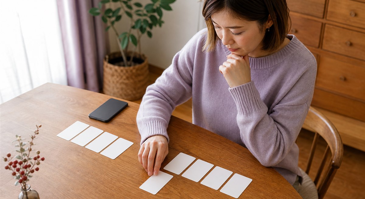 机の上で事実と推測を分けるためにカードを整理する日本人女性
