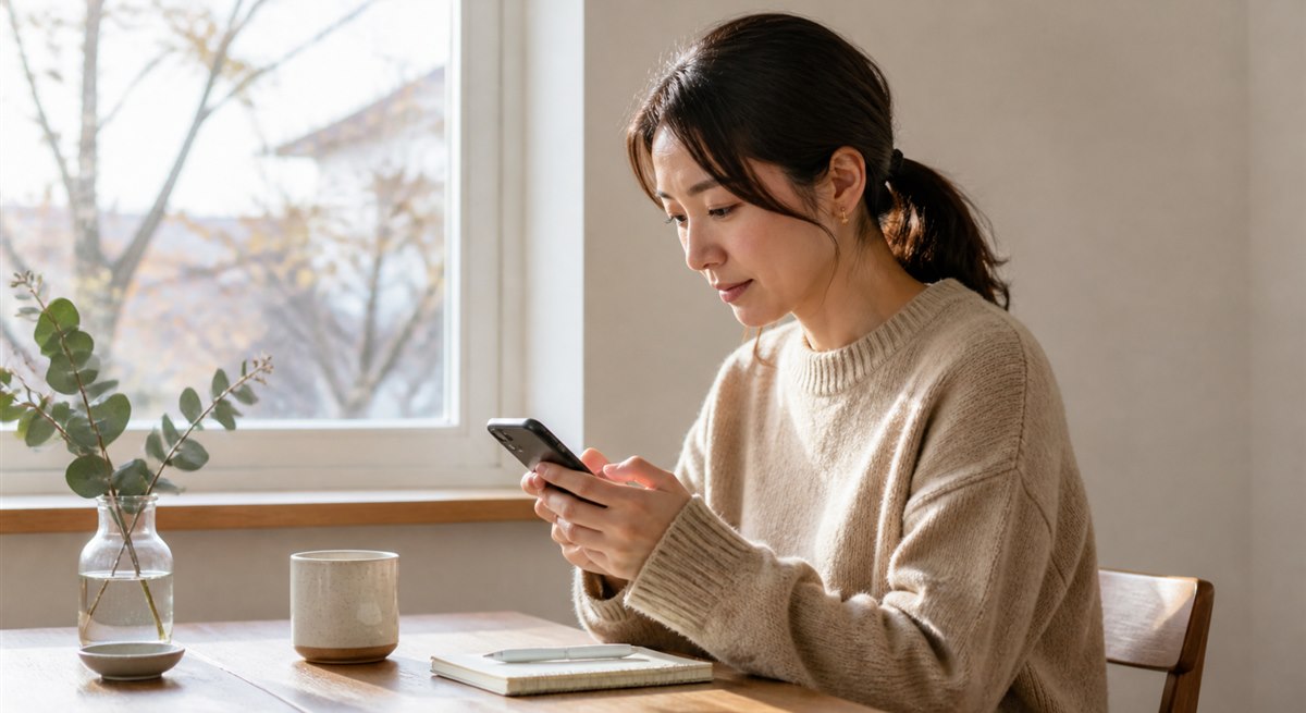 落ち着いて短いメッセージを考える日本人女性