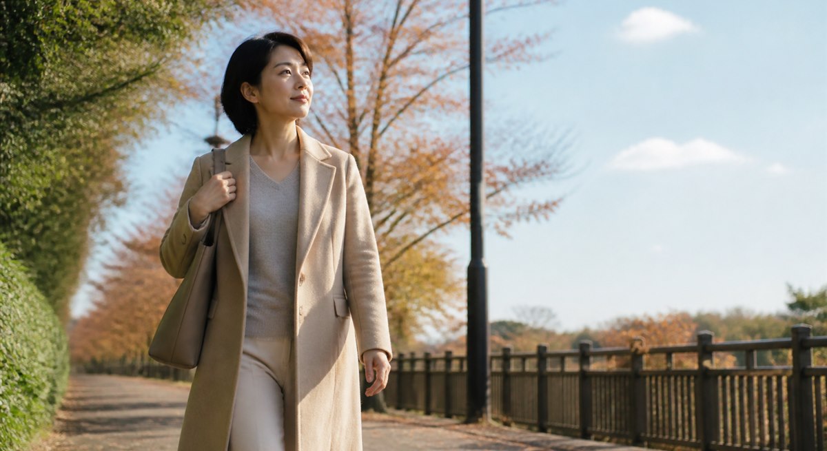 晩秋の朝に前を向いて歩く日本人女性