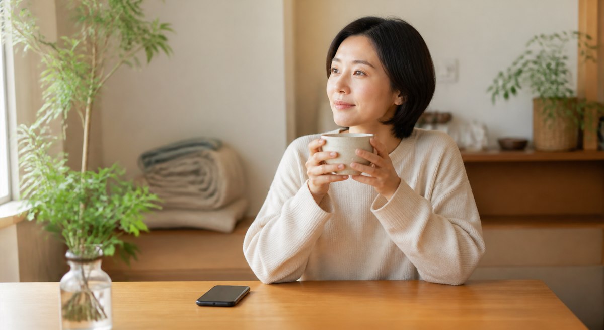 スマートフォンを伏せて温かい飲み物で気持ちを整える日本人女性