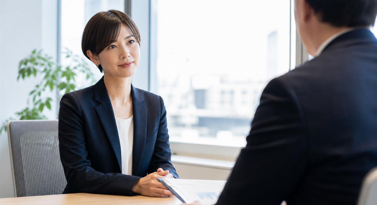 人事評価面談で上司の話を聞く女性