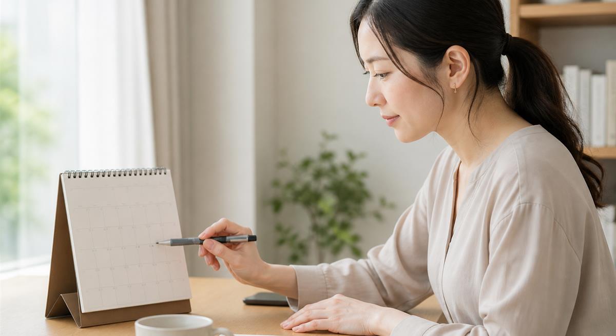 カレンダーで平常の連絡頻度を確認する女性