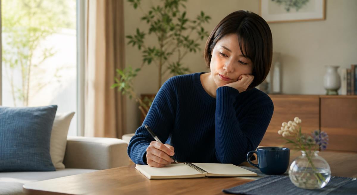 将来の話をはぐらかすについて静かに考える30代の日本人女性