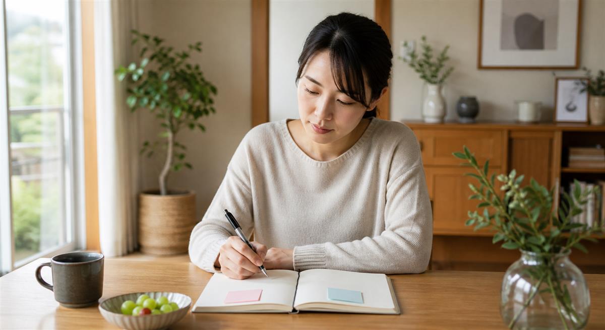 ノートで事実と想像を整理する女性