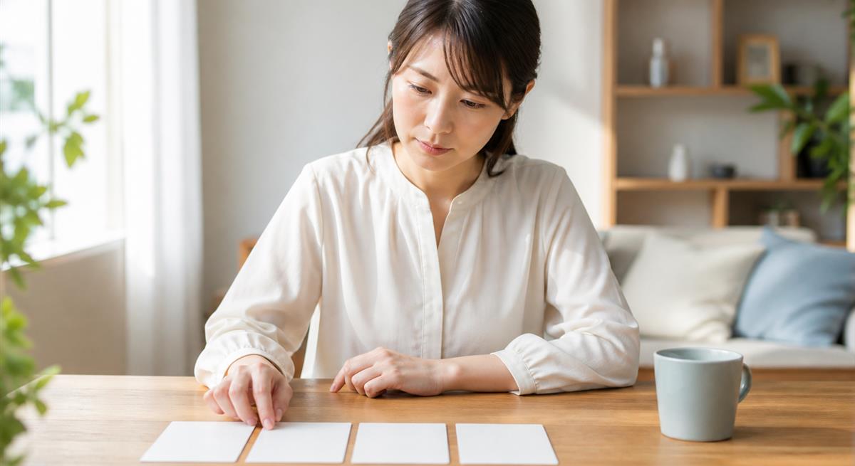 四つの行動カードを比較する女性