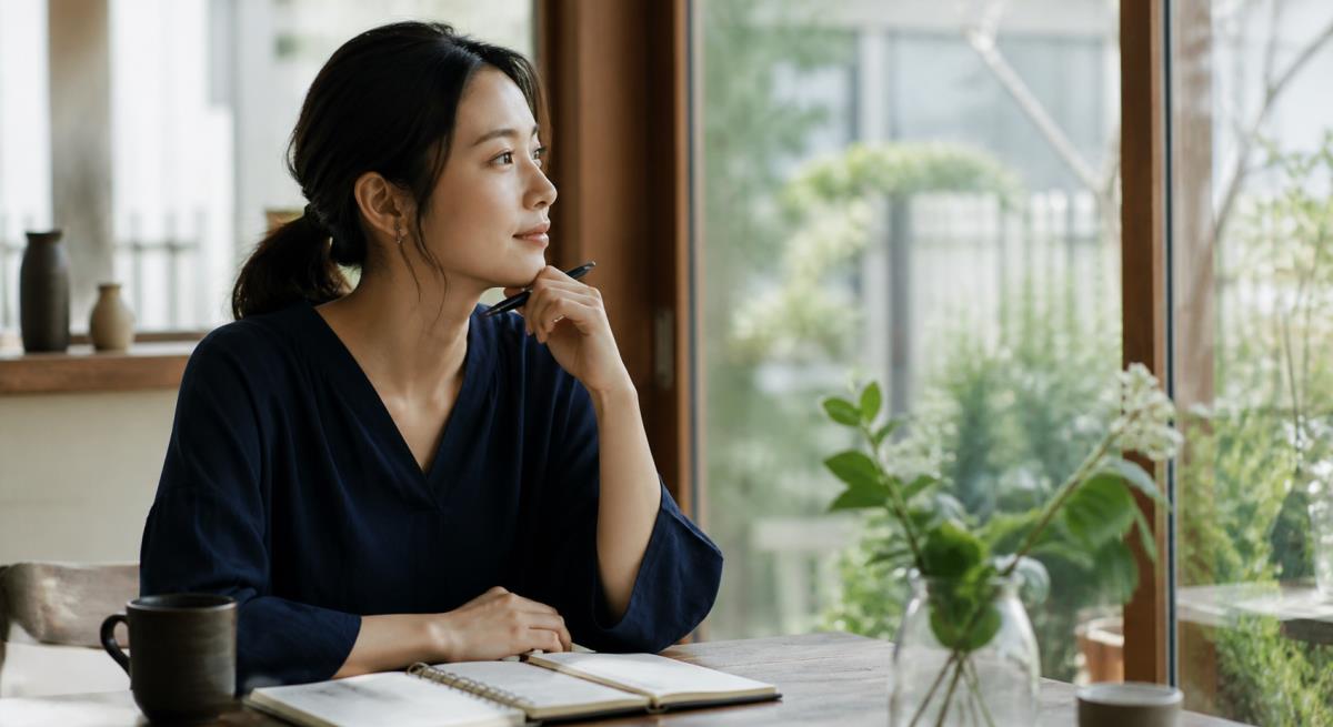 未来が見えないまま待つか迷うについて静かに考える30代の日本人女性