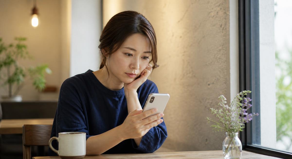将来の話をはぐらかすについて静かに考える30代の日本人女性