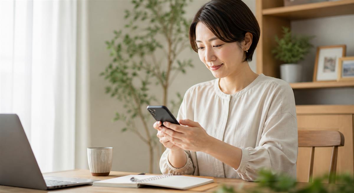 短い連絡文を落ち着いて考える女性