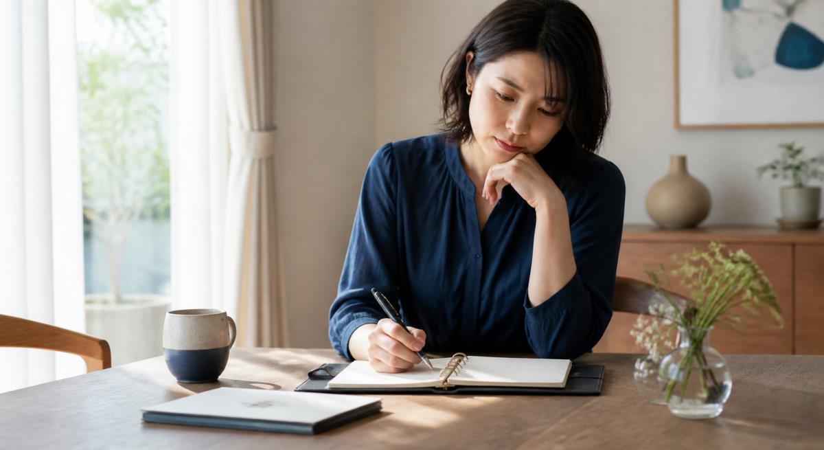 将来の話をはぐらかすについて静かに考える30代の日本人女性