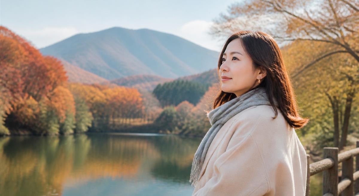 秋の景色の中で心を整える女性