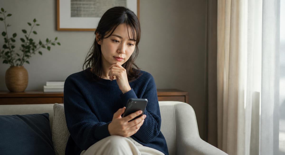 体の関係後に男性が距離を置くについて静かに考える30代の日本人女性