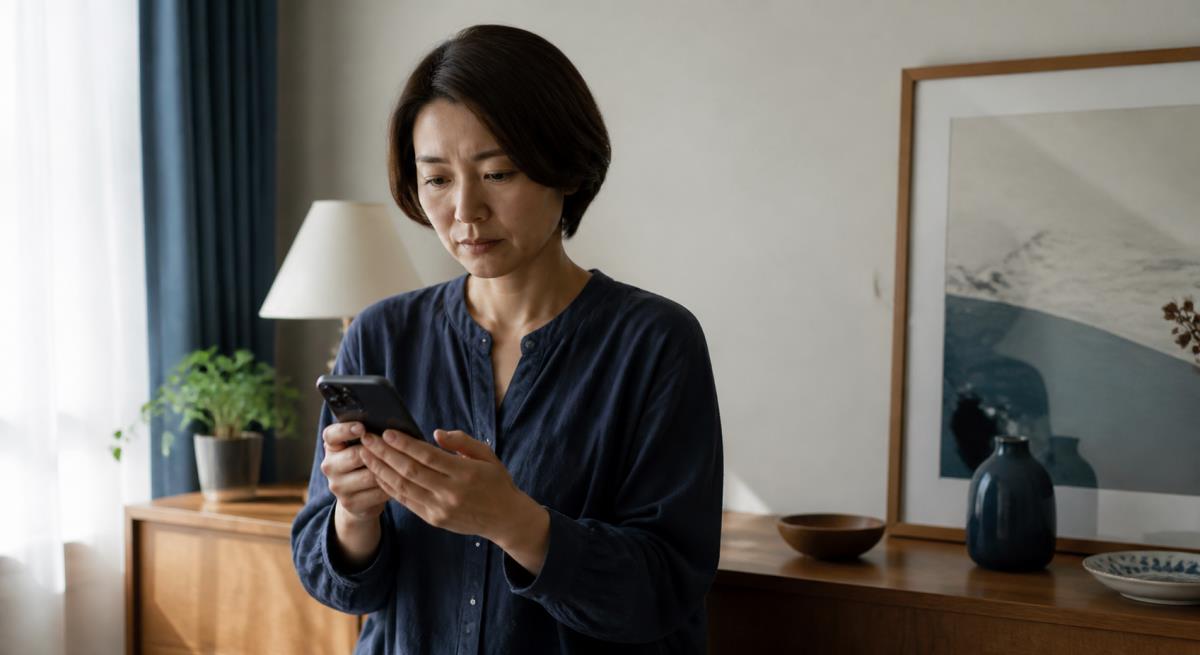 同意していない性的な写真を送られたについて静かに考える30代の日本人女性