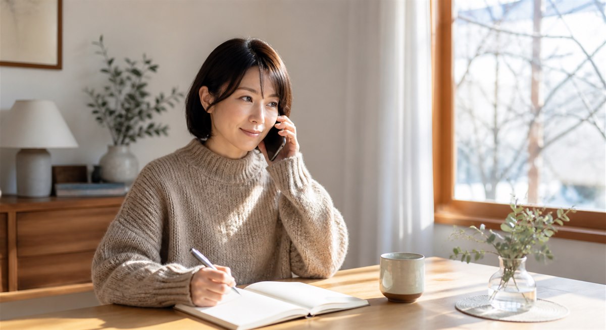 年末の連絡不安を相談しながら整理する日本人女性