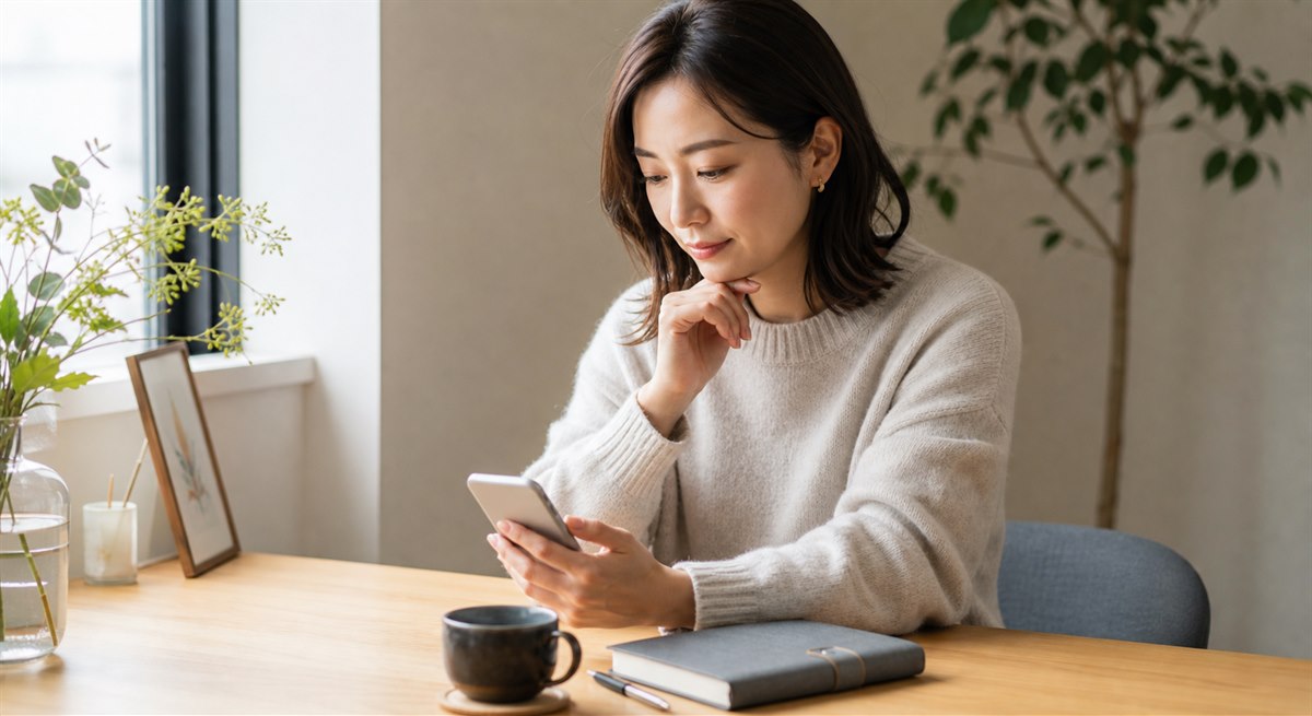 年末前に送る短いメッセージを考える日本人女性