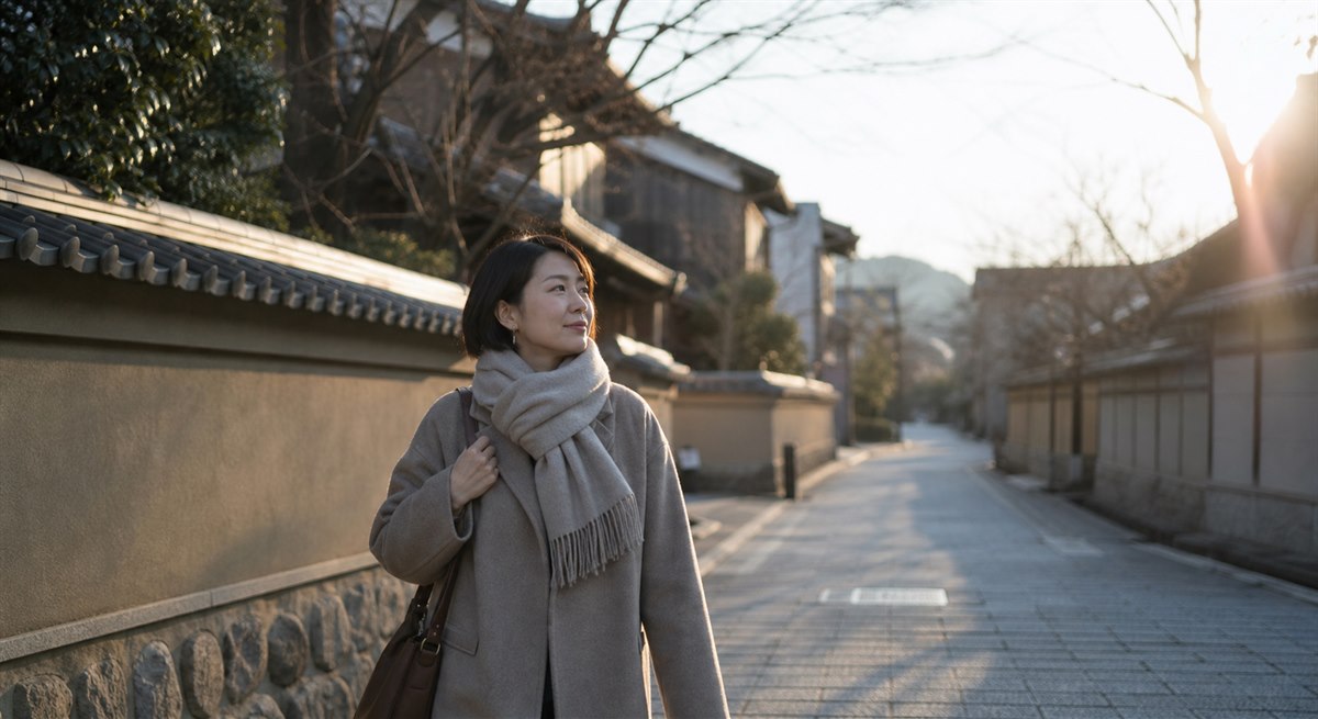 冬の朝に自分の次の一歩を選ぶ日本人女性