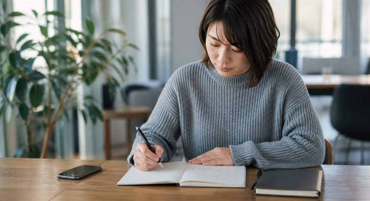 年末前の連絡減少の理由をノートに整理する日本人女性