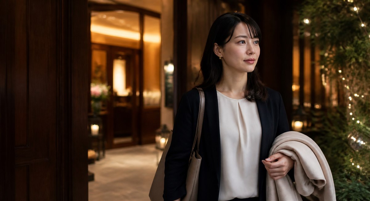 忘年会後の会話と帰り際の行動を振り返る日本人女性