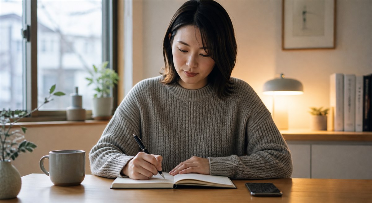 落ち着いた場所で忘年会後の気持ちを整理する日本人女性