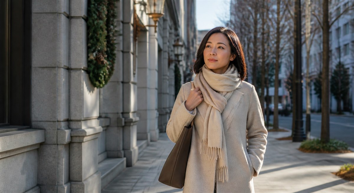年末の街を落ち着いて前へ歩く日本人女性