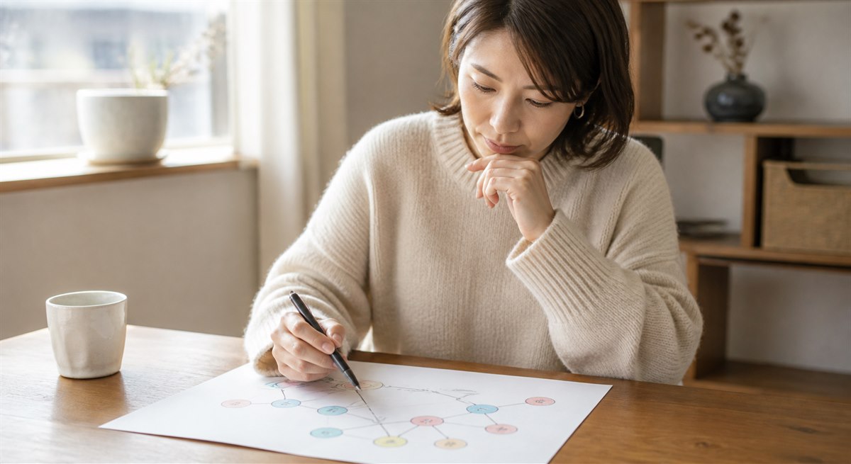 座席と視線の動きを落ち着いて確認する日本人女性