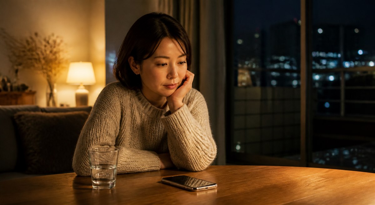 スマートフォンを置いて早とちりを避ける日本人女性