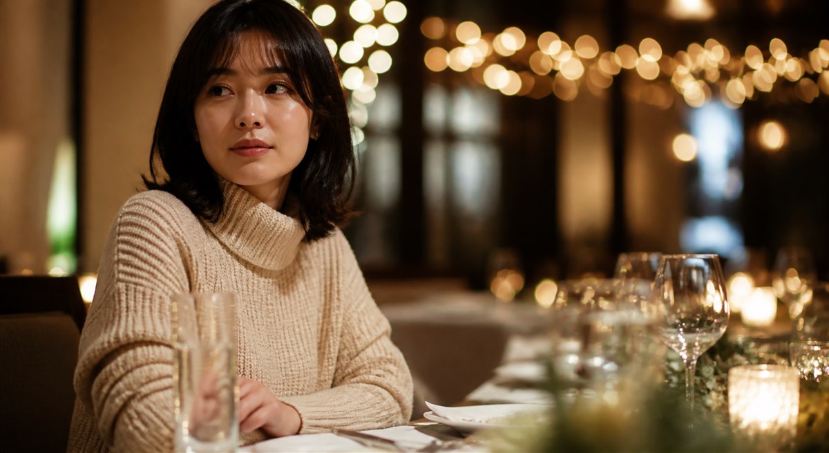 忘年会の席で視線の意味を考える日本人女性