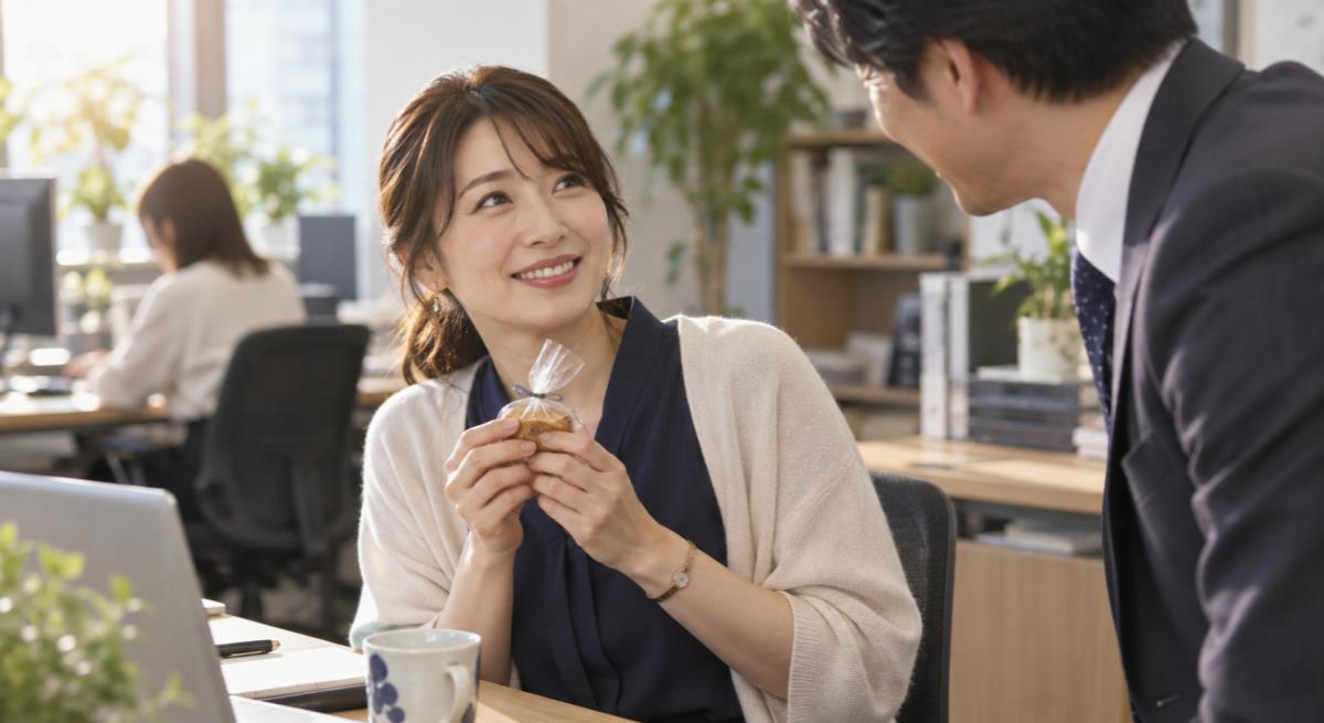 職場の既婚男性が自分だけに差し入れするについて静かに考える30代の日本人女性