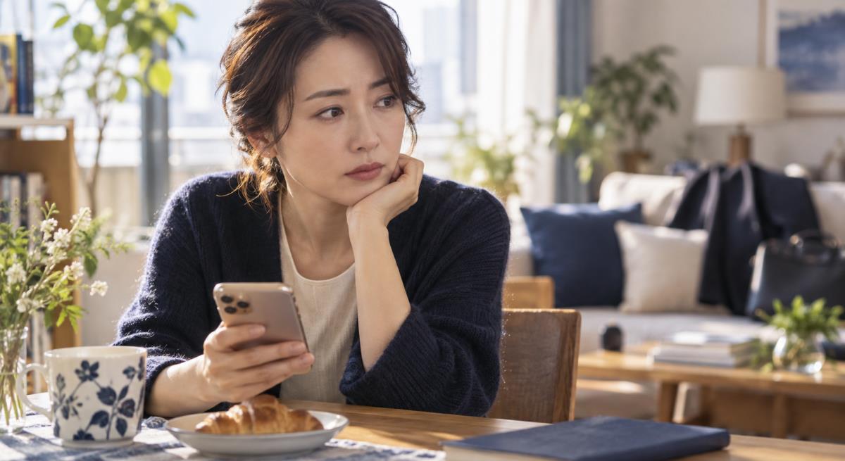 曖昧な関係で他の女性がいると感じるについて静かに考える30代の日本人女性