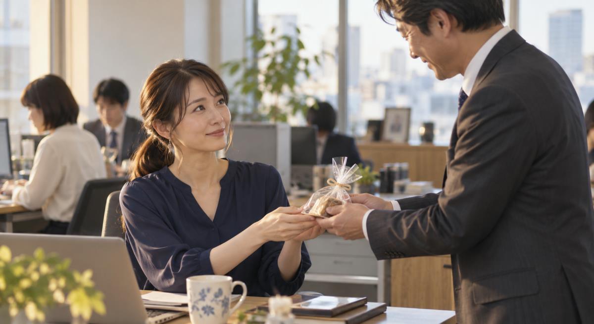 職場の既婚男性が自分だけに差し入れするについて静かに考える30代の日本人女性