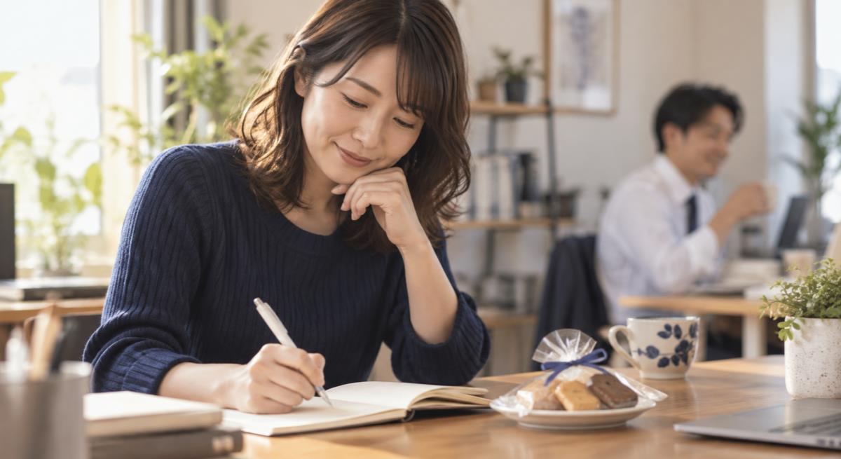 職場の既婚男性が自分だけに差し入れするについて静かに考える30代の日本人女性