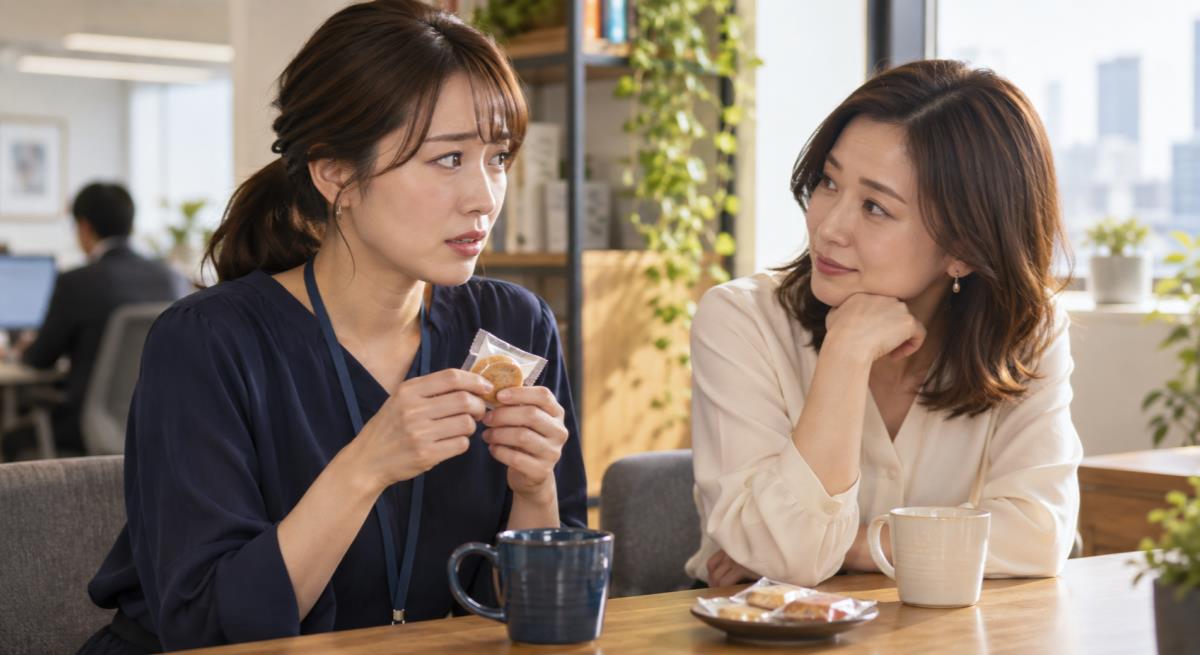 職場の既婚男性が自分だけに差し入れするについて静かに考える30代の日本人女性