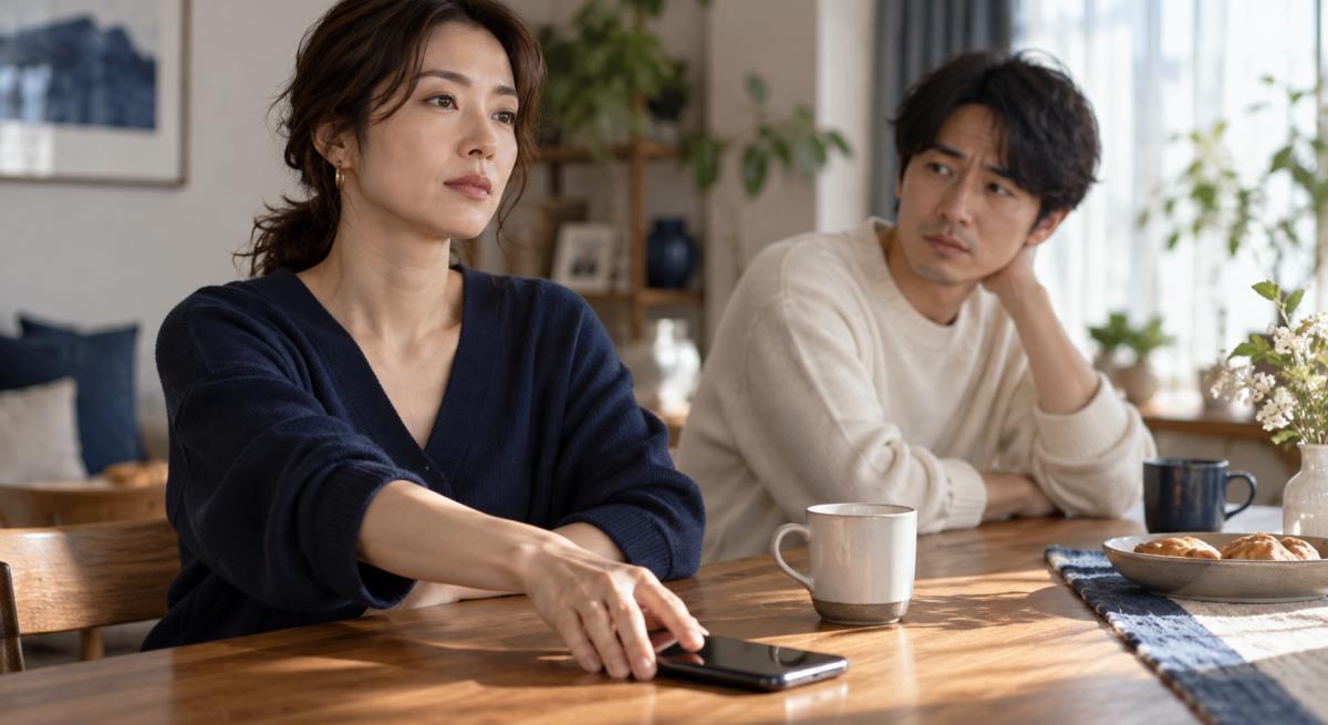 曖昧な関係で他の女性がいると感じるについて静かに考える30代の日本人女性