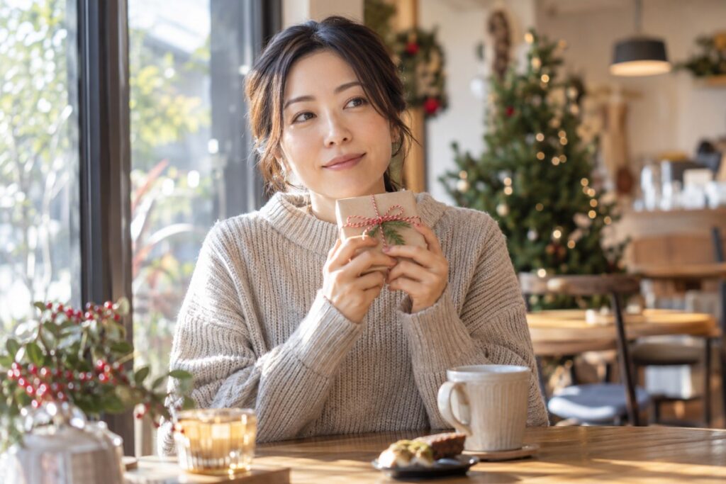 カフェで小さなクリスマスギフトを手にする女性
