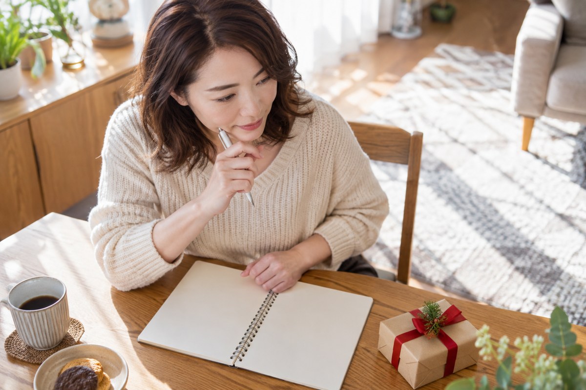 ノートを広げ贈り物について考える女性