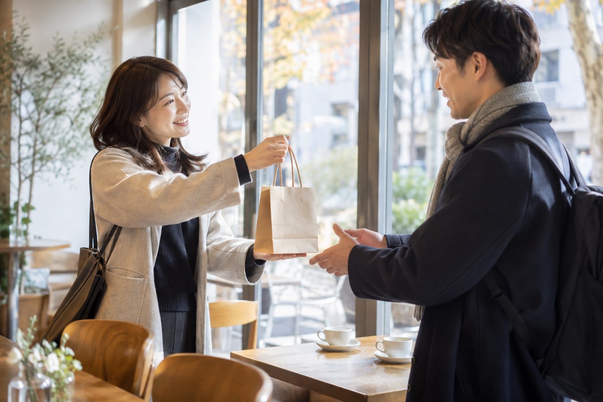カフェで男性に小さな紙袋を渡す女性