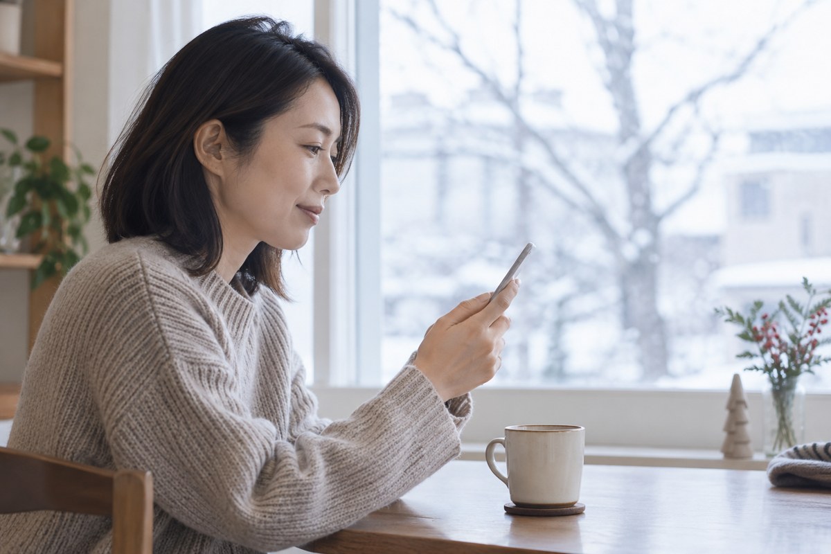 明るい窓辺でスマートフォンを見る女性