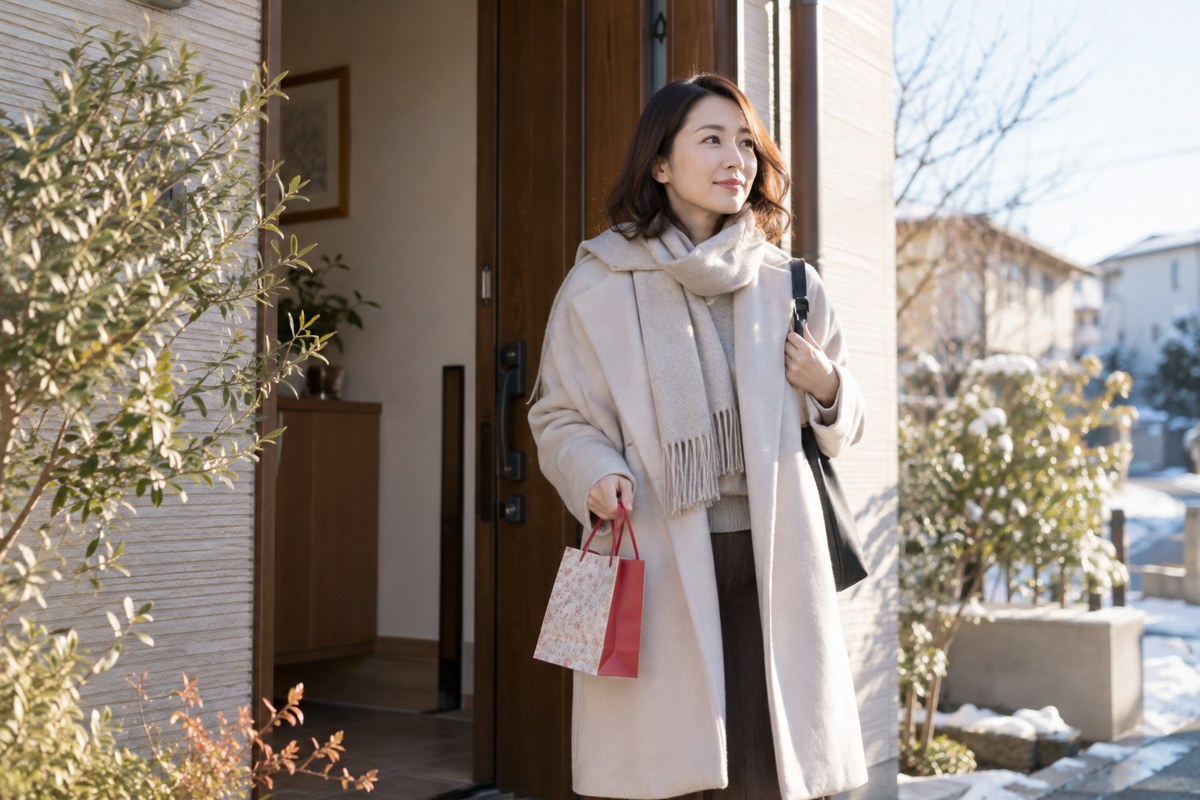 小さなギフト袋を持って出かける女性