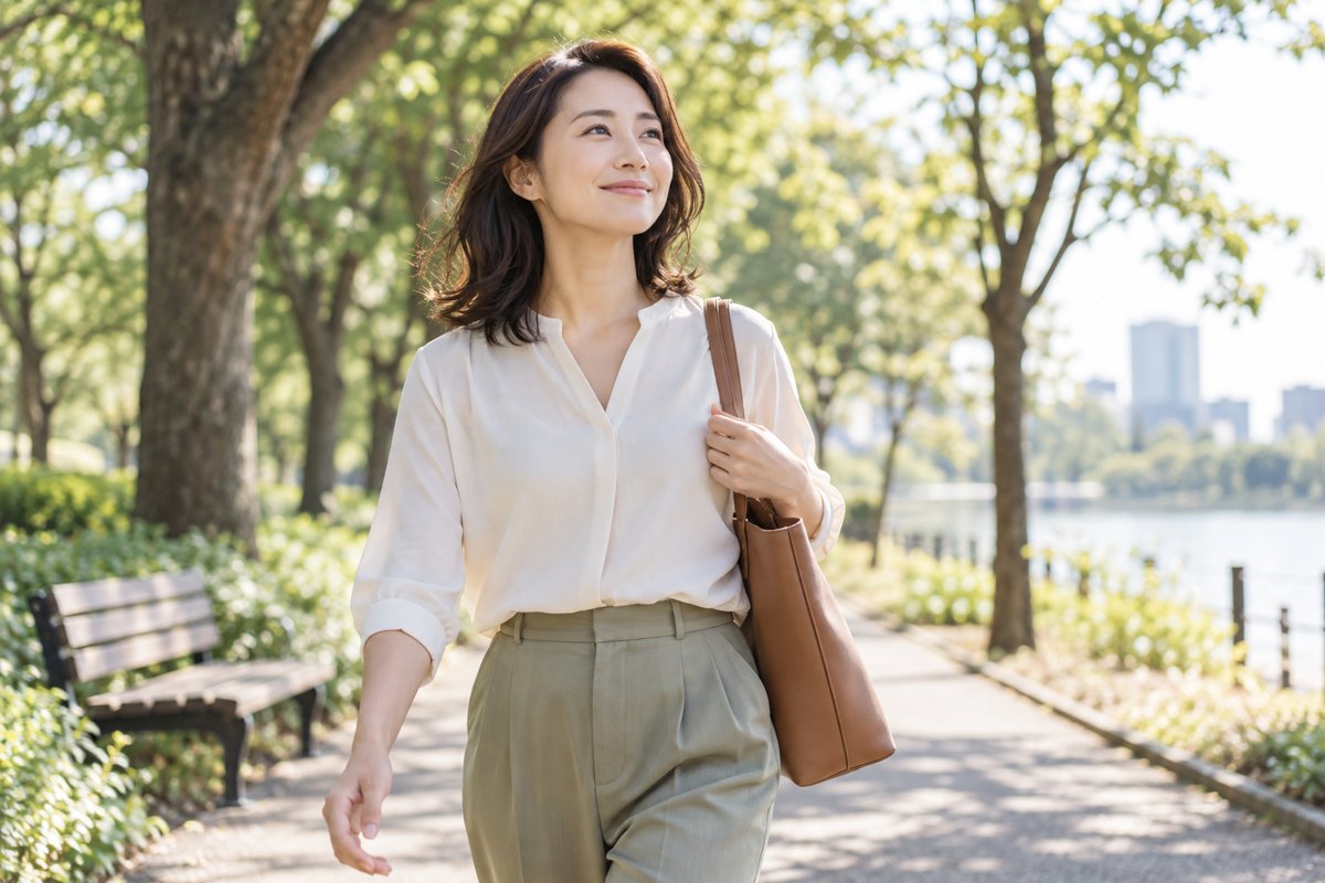 公園で自分の予定を考える女性